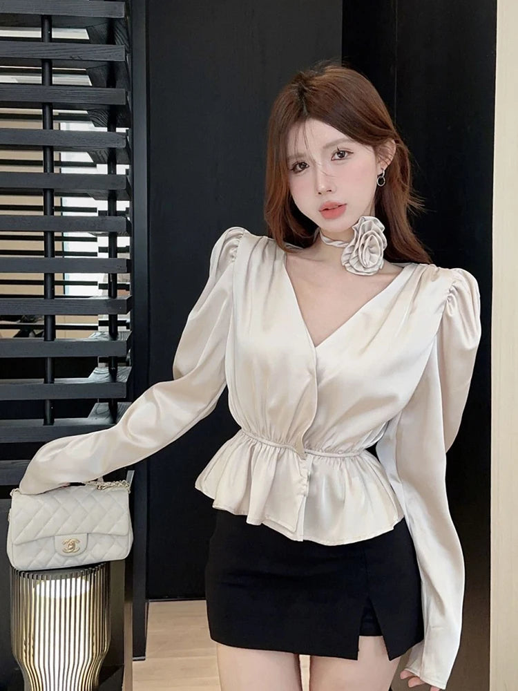 Hnewly 3D Floral Satin Shirt Women Long Sleeve Elegant Vintage Blouse Korean Casual Sexy V Neck Slim Female Champagne Tops Spring