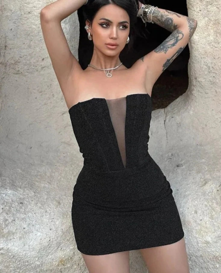 Hnewly Shine Women Elegant Strapless Solid Patchwork Sexy Bodycon Mini Prom Dress Winter New Clothes Party Club Christmas