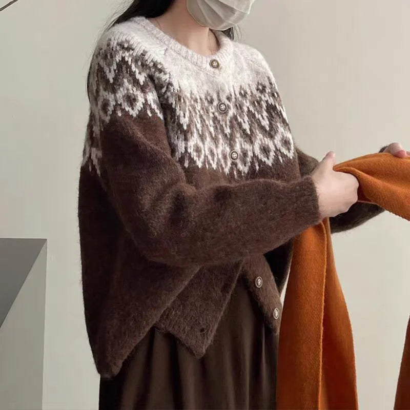 Hnewly  Vintage Fair Isle Knitted Cardigan for Women Cozy O-Neck Button Down Sweater Jacket Fall Winter Korean Style Christmas Sweater