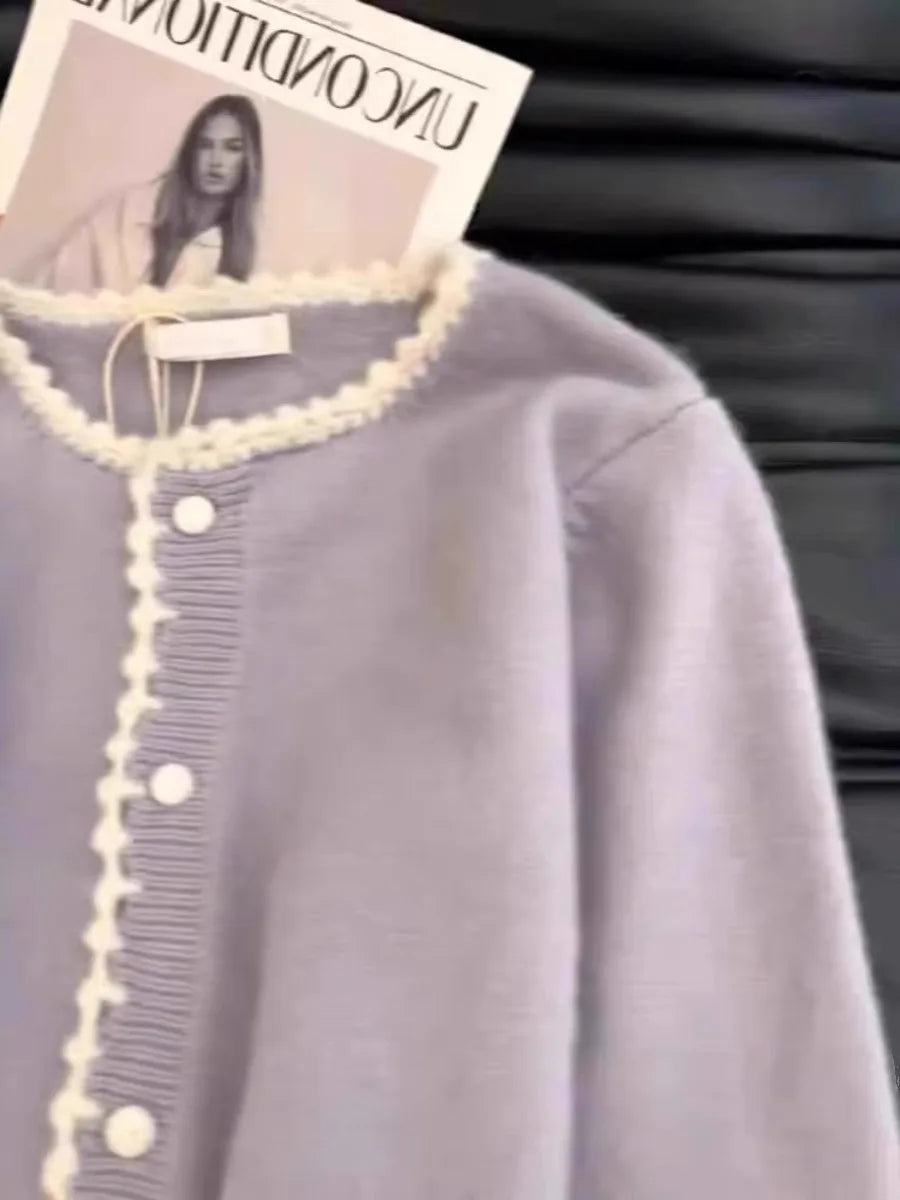 Hnewly  Soft Purple Sweater Cardigan Sweet Lace Edge O-neck Single Breasted Top Spring Autumn New Korean Long Sleeved Loose Kniter
