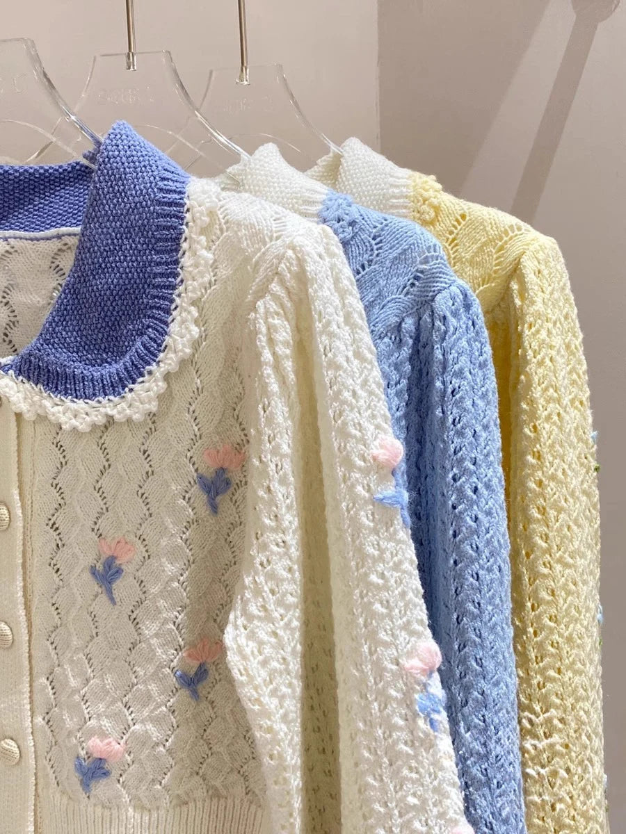Hnewly  Embroidered Floral Pointelle Knit Cardigan Women Collared Button-up Openwork Sweater Jacket Cute Teen-girl Fairycore Clothes
