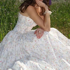 Hnewly French Elegant Flower Prints Camis Dress Women Summer Sexy Spaghetti Strap A Line Dress Lady Fashion Slim Pleated Party Vestidos
