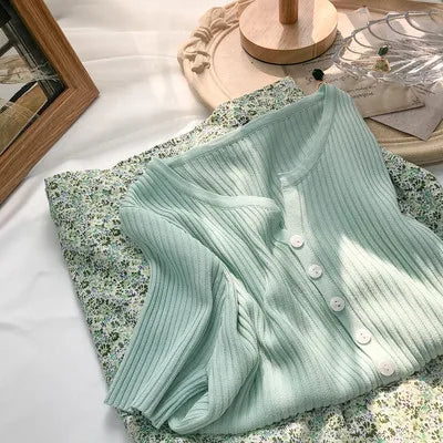 Hnewly  Knitted Short Sleeved T-shirt Sweater Women Spring  Summer 2025 Thin Loose V-neck Single Breasted Top Solid Short Cardigan Coat
