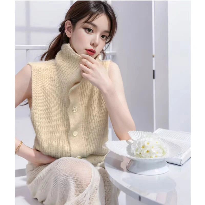 Hnewly  Button Up Sweater Vest for Women Soft Comfy High Neck Sleeveless Knit Vest Slouchy Knitwear Female Autumn Winter Casual Outfit