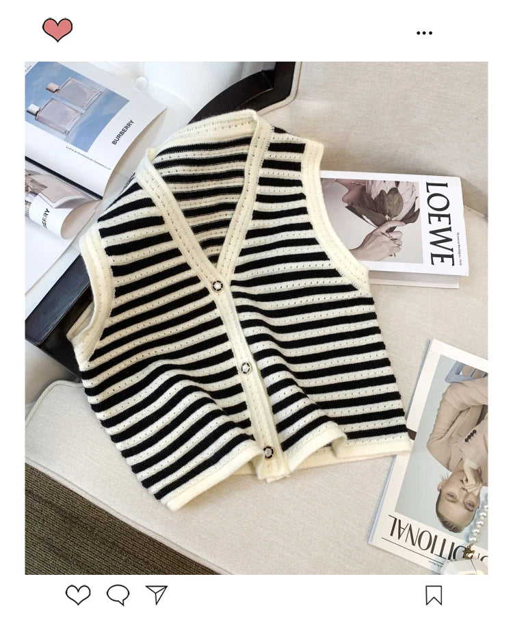 Hnewly  Spring V-Neck Striped Knitted Vest Korean Hollow Out Sleeveless Top Women's 2023 Autumn Loose All-Matched Outwear Cardigan Tank
