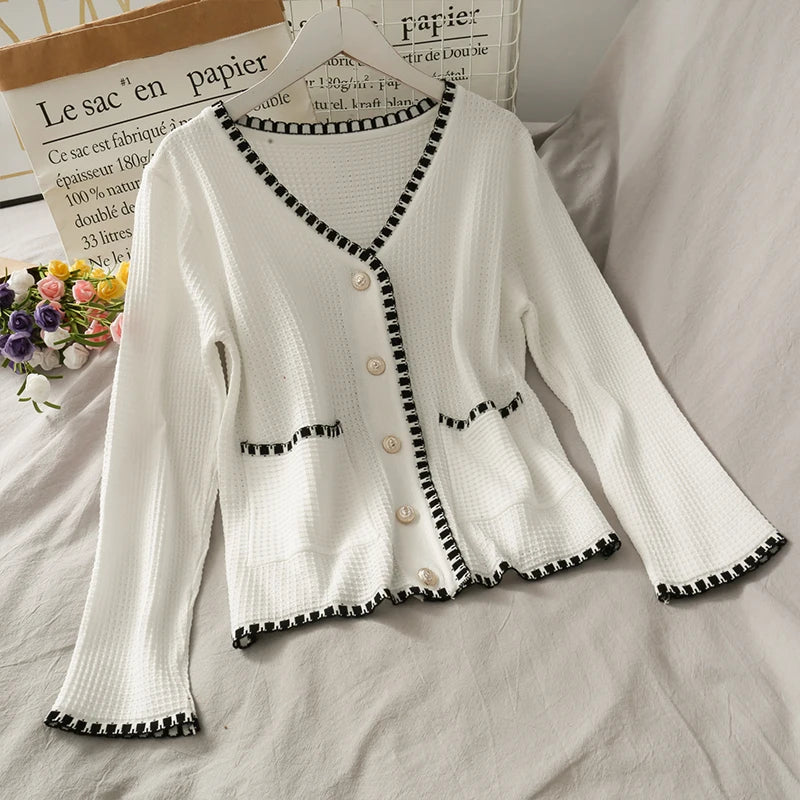 Hnewly  Autumn Spliced Color Knitted 2 Piece Sets Women Elegant V-neck  Single Breasted Cardigan And High Waist Wide Leg Pants Suit