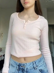 Hnewly  Hollow Out Pink Long Sleeve T-Shirt Summer Round Neck Buttons Cotton Slim Sexy Top for Woman Vintage Sweet Cute y2k Tops Chic