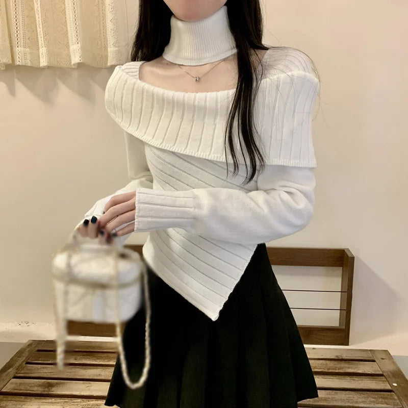 Hnewly Sweater y2k Clothes Women Coquette Off Shoulder Long Sleeve Irregular Hem Knitted Halter Tops 2000s Clothing Streetwear