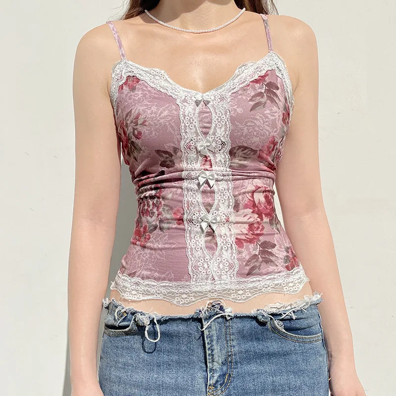 Hnewly y2k Tops Women Coquette Clothing Floral Print V Neck Spaghetti Strap Sleeveless Camisole Vest 2000s Clothes Streetwear