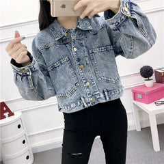 Hnewly Jean Jacket for Women Spring Autumn New Korean Bat Sleeved Short Top Loose BF Style Student Fashion Turn-down Collar Denim Coat