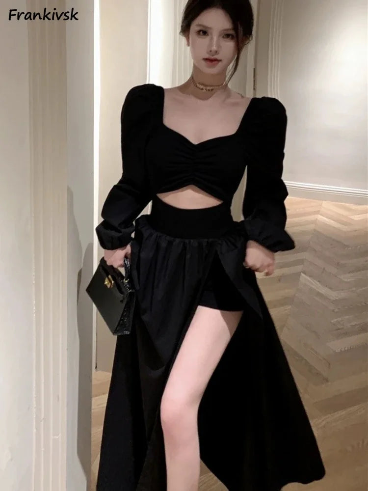 Hnewly DRESS TO IMPRESS Dress Women Gentle Vintage Pure Chic Long-sleeve Folds Square Collar A-line  Autumn Dating Vestidos Defined Aesthetic OOTD
