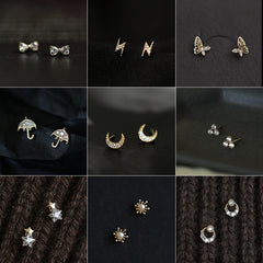 Needles Ear Piercing Zircon Moon Butterfly Flower Gold Color Stud Earrings for Women Sweet Fashion Girl Jewelry Gift
