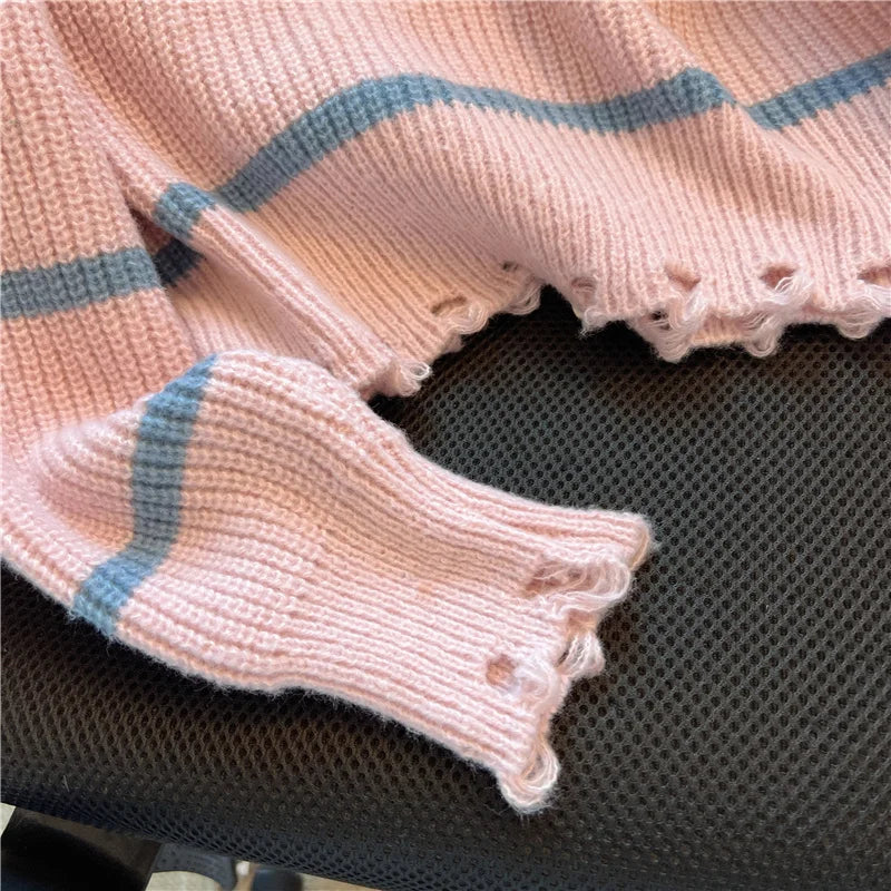 Hnewly  Short Sweater Women's Autumn Winter 2025 New Stripe Hollow Out Fashion Star Letter Knitwear Long Sleeve Top Thicked Pullover