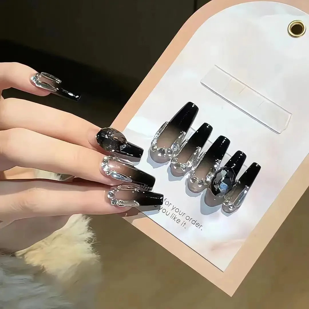 Hnewly 24Pcs False Nails French Gradient Ballet Fake Nails Press on Nails Black Heart Rhinestone Design Glitter Full Cover Nail Tips