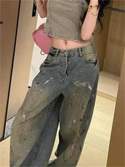 Hnewly  Splatter-Paint Vintage Washed Jeans High-Waisted Baggy Graffiti Denim Pants Post-Apocalyptic Wide-Leg Drag Hem Jeans