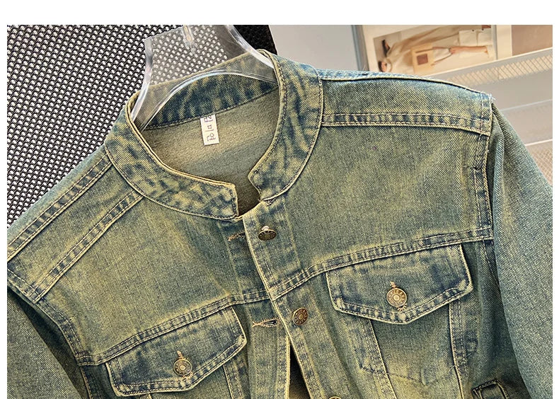 Hnewly  Fashion Denim Jacket Loose Casual Retro Jeans Short Coat Women's Spring Autumn Elegant Korean Standing Collar Long Sleeve Top