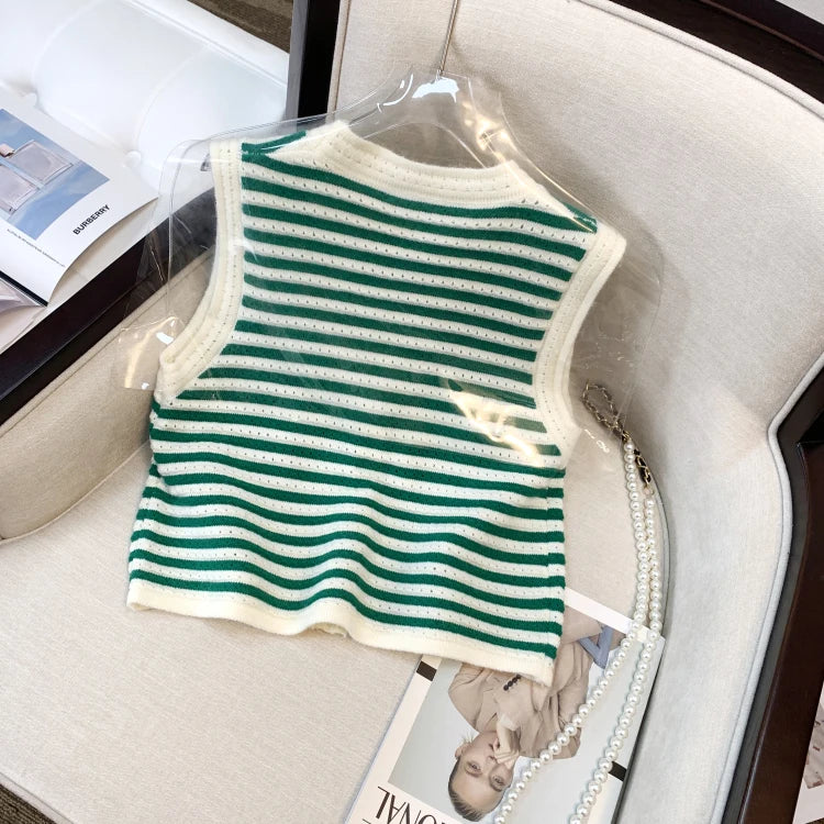 Hnewly  Spring V-Neck Striped Knitted Vest Korean Hollow Out Sleeveless Top Women's 2023 Autumn Loose All-Matched Outwear Cardigan Tank