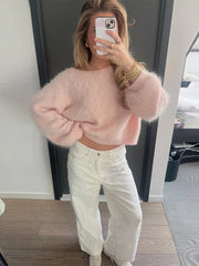 Hnewly  Chic Off-should Fuzzy Sweater Women Loose Solid Slash Neck Long Sleeves Warm Pullovers Female Spring Winter Casual Lady Top