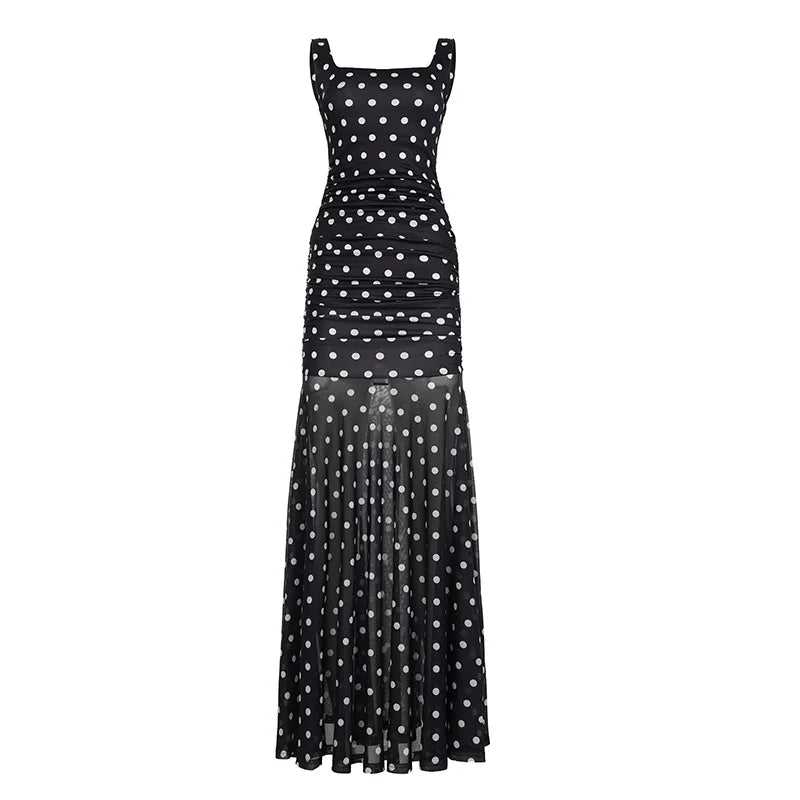 Hnewly Fashion Causal Polka Dots Women Dresses Sheer Mesh Slim Fit French Chic Simple All-Match Trench Summer Dresses