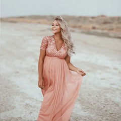 Hnewly  Maternity's Women Pregnants Maternity Photography Props Short Sleeve Sequined Solid Dress Lace Elegant Fashion Long Dresses