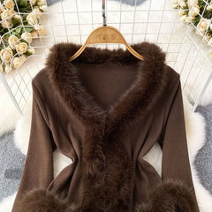 Hnewly going out outfits winter Autumn Winter V-neck Fluffy Patchwork Jackets Y2k Grunge Slim Fit Tops Mujer Vintage Fashion Long Sleeve Cardigan Coat Women