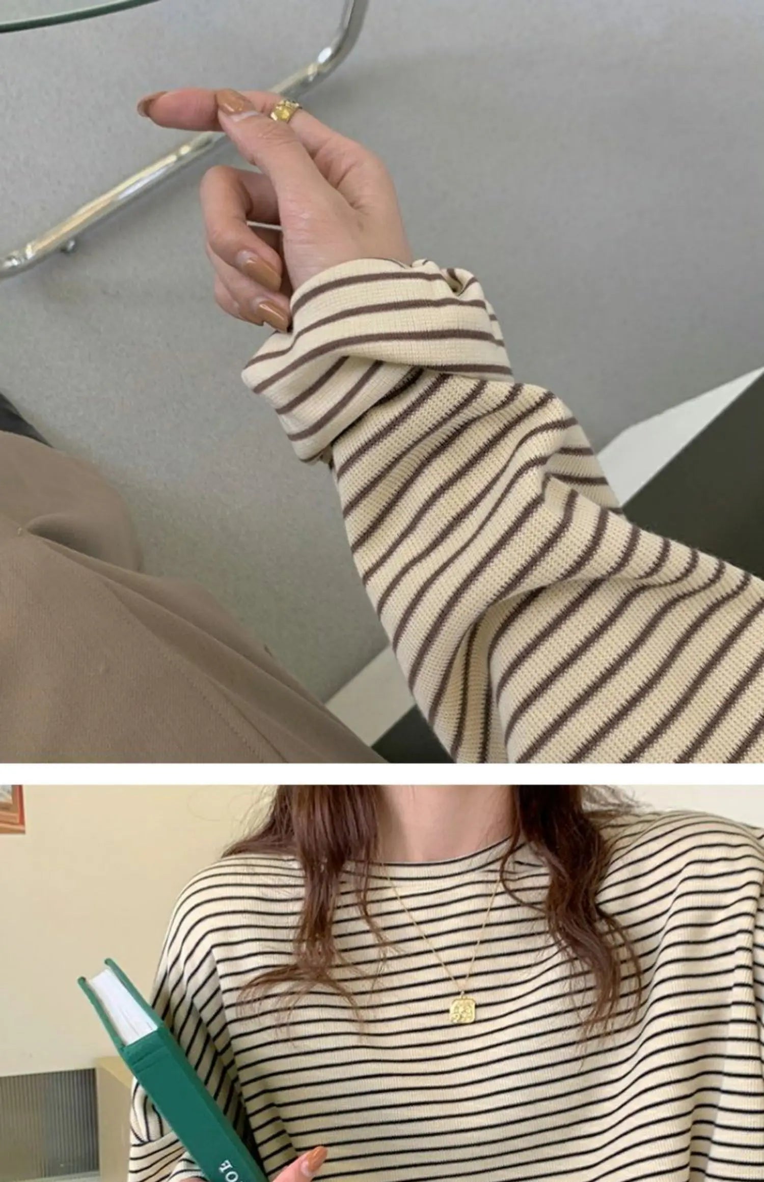 Hnewly  Coffee Stripes Cotton T-Shirts Women Loose Spring Autumn 2023 Lady Casual Full Sleeve O-Neck Chic All Match Tops