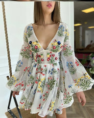 Hnewly  Elegant Lace Embroidery Design Lantern Sleeve Fairy Dress Birthday Party Gown Sweet Princess Style High Waist A-Line Skirt