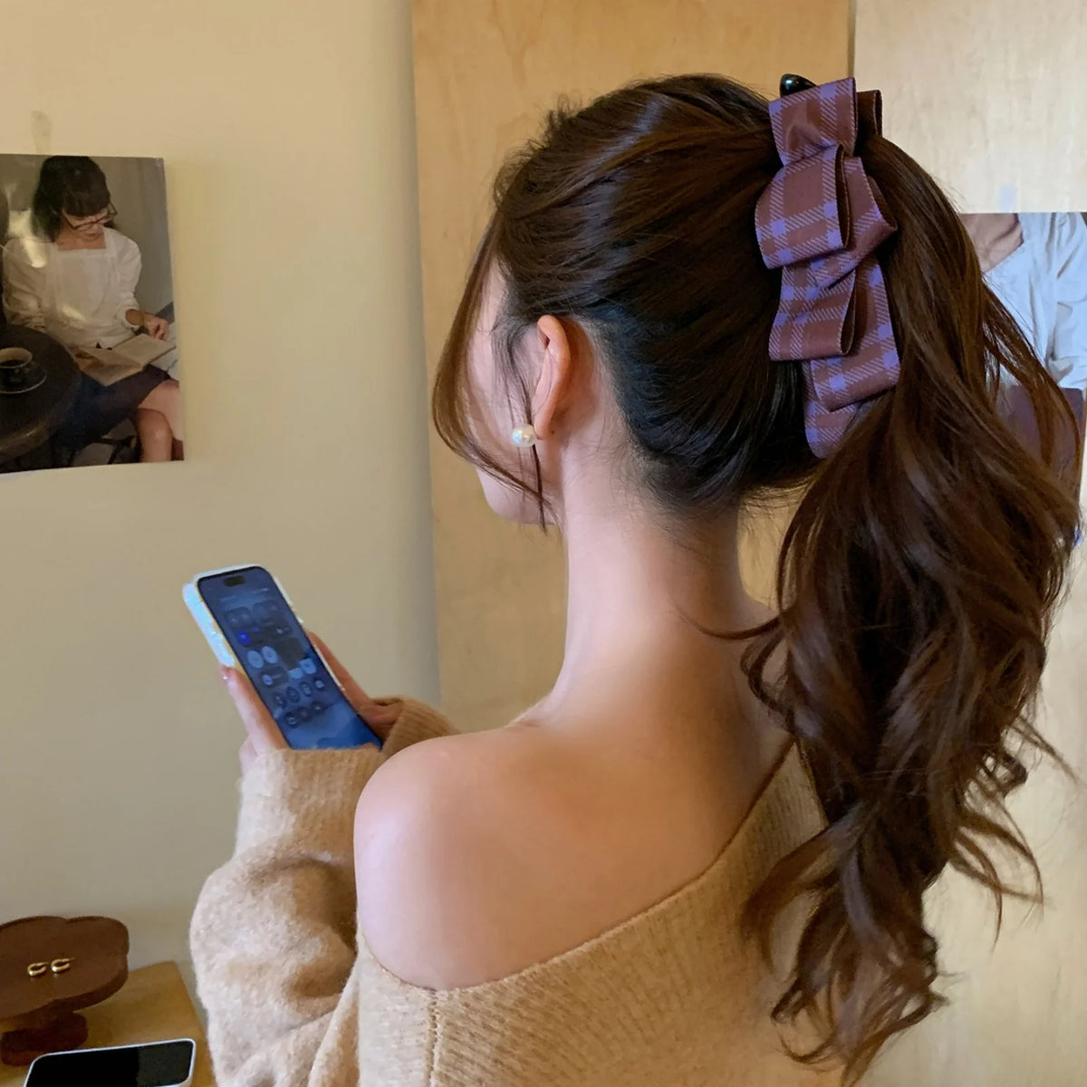 Hnewly  1pc Purple Checkered Canelé Banana Clip for Women, Elegant Vertical Barrette for High Ponytail at Back of Head, Hair Accessory