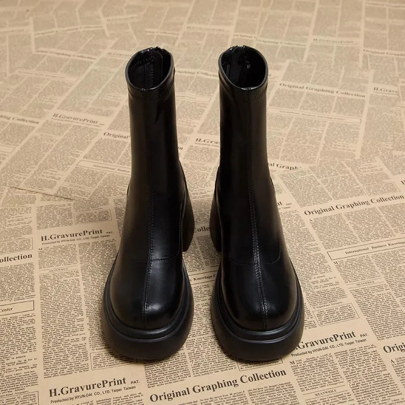 Hnewly Black Platform Women Ankle Boots Fashion Soft Leather Shoes Autumn Winter Thick Heel Women's Short Booties
