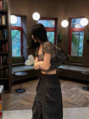 Hnewly Vintage Sexy Leopard Print T-Shirt Women Casual Harajuku 2000s Short Sleeved Y2k Crop Tops Retro Blouse Fashion Summer 2024