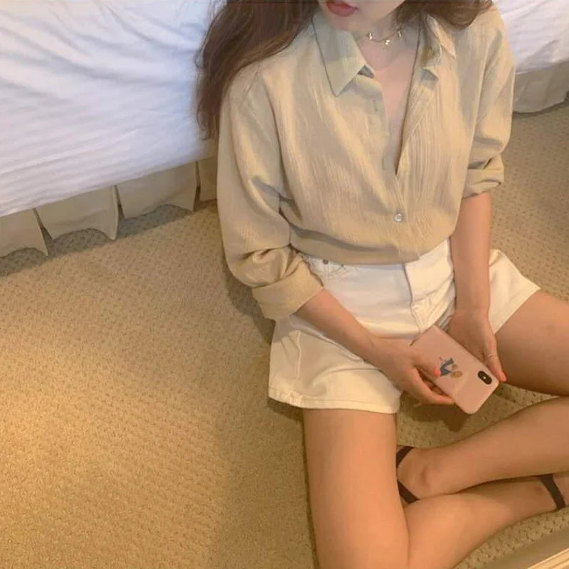 Hnewly Long Sleeve Apricot Shirt Women Рубашка Женская Spring All-match Simple Basic Korean Fashion New Design Cozy Casual Ins Hot Sale