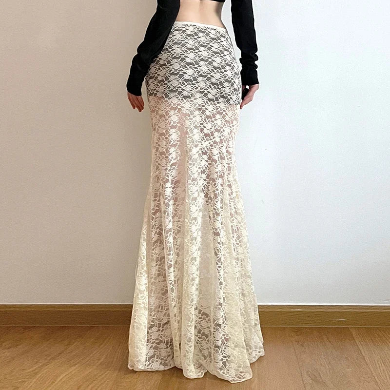Hnewly Y2K Vintage Lace Long Skirt Women Aesthetic Fairy Stylish High Street Maxi Skirts 2024 Summer Outfits Sexy Ladies Beach Style