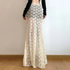 Hnewly Y2K Vintage Lace Long Skirt Women Aesthetic Fairy Stylish High Street Maxi Skirts 2024 Summer Outfits Sexy Ladies Beach Style