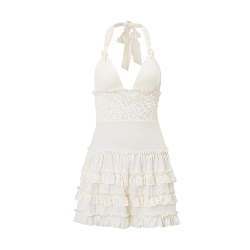 Hnewly Korean Style Sexy Beach V-neck Dress Summer Y2K Charming Backless Handling Neck Dress Swimming Pool Party Mini Dresses
