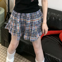 Hnewly Plaid Skirt Women Mini Skirt Japanese Style Ruffle Layered Short Skirts Cute Streetwear Vintage Harajuku Preppy Skirt
