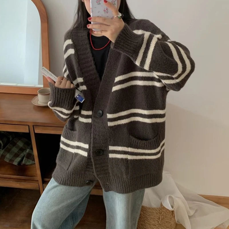 Hnewly  Women Cardigan Sweater Striped V-neck Button-up Sweater Jacket Comfy Cozy Slouchy Cardi Autumn Winter Casual Outfit