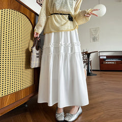 Hnewly  Elegant White Long Skirts for Women Summer Elastic High Waist Ruffles A-Line Skirts Woman Korean Fashion Mid Length Skirt Ladies
