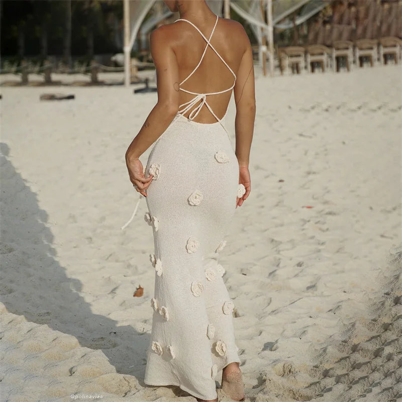 Hnewly Beach Dress Wear Women Summer 3D Flower Spaghetti Strap Sleeveless Backless Long Dresses Knitted Party Dresses