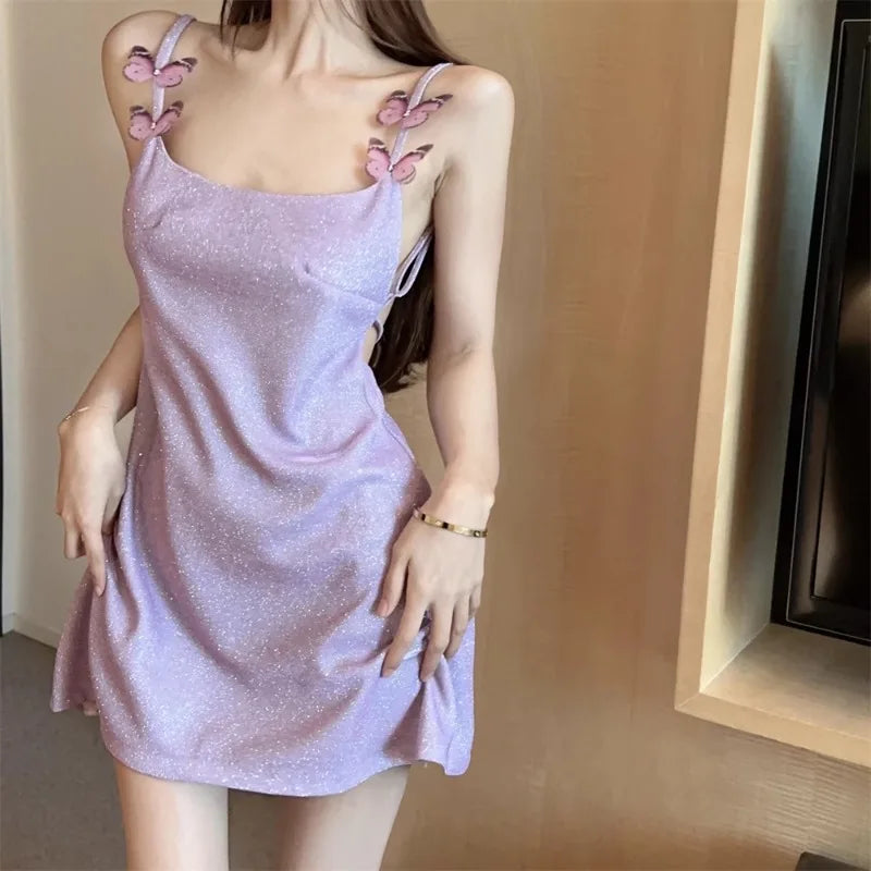 Hnewly  Mini Dresses Women Butterfly Sleeveless Slash Neck Backless Bandage Slim Elegant Party Temperament Dress Female Fashion