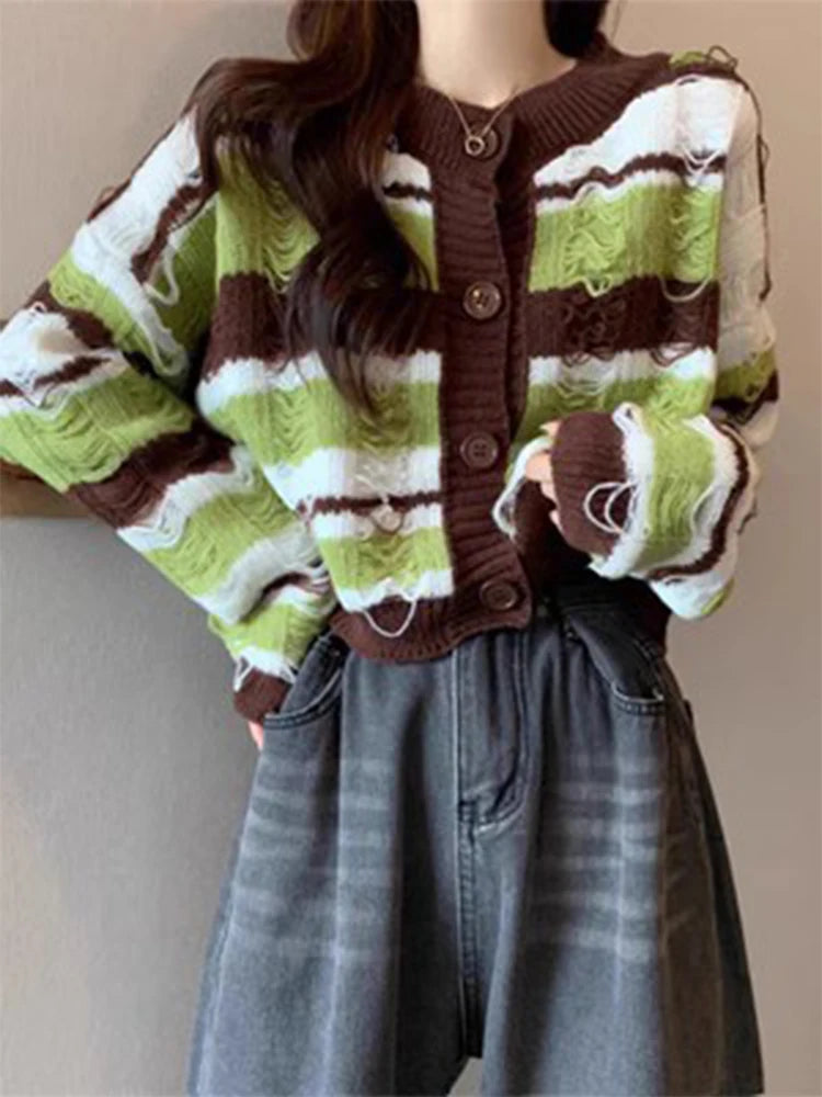 Hnewly Striped Fashion Tassel Sweater Women's Autumn Single Breasted  O-Neck New Short Knitted Cardigan Long Sleeve Top