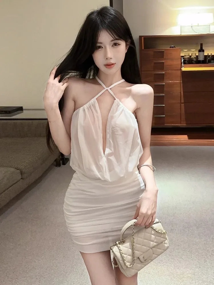 Hnewly  Woman Dress Party Mesh Patchwork Hollow Out Sexy Slim Sleeveless Bandage Backless Halter Elegant Mini Dresses Ladies