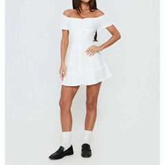 Hnewly  Women's Off The Shoulder Mini Dress Slim Frill Trim Short Sleeve Button-up A-line Mini Dresses for Daily Office Party