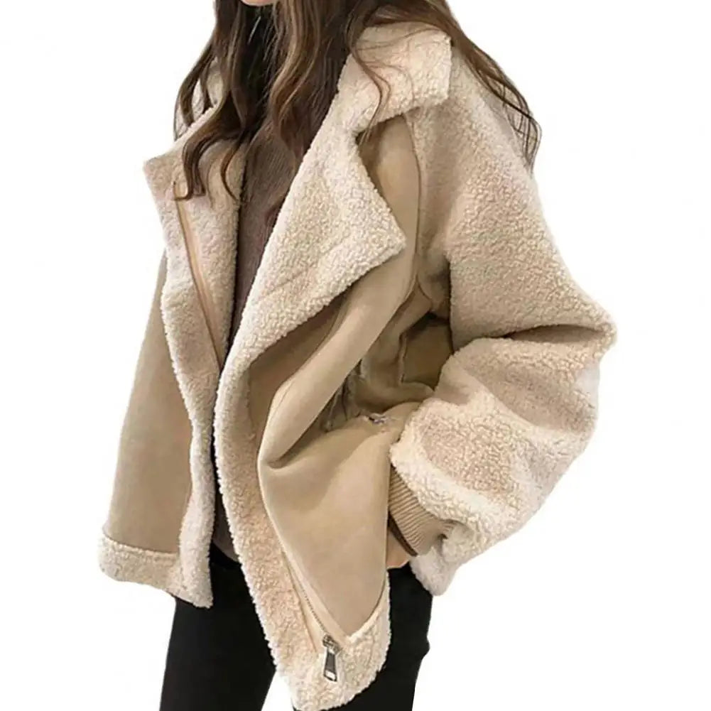 Hnewly aspen outfits winter  Fall Winter Women Jacket Thick Heat Retention Loose Women Coat Turn-down Collar Long Sleeves Lambswool Windproof Coat