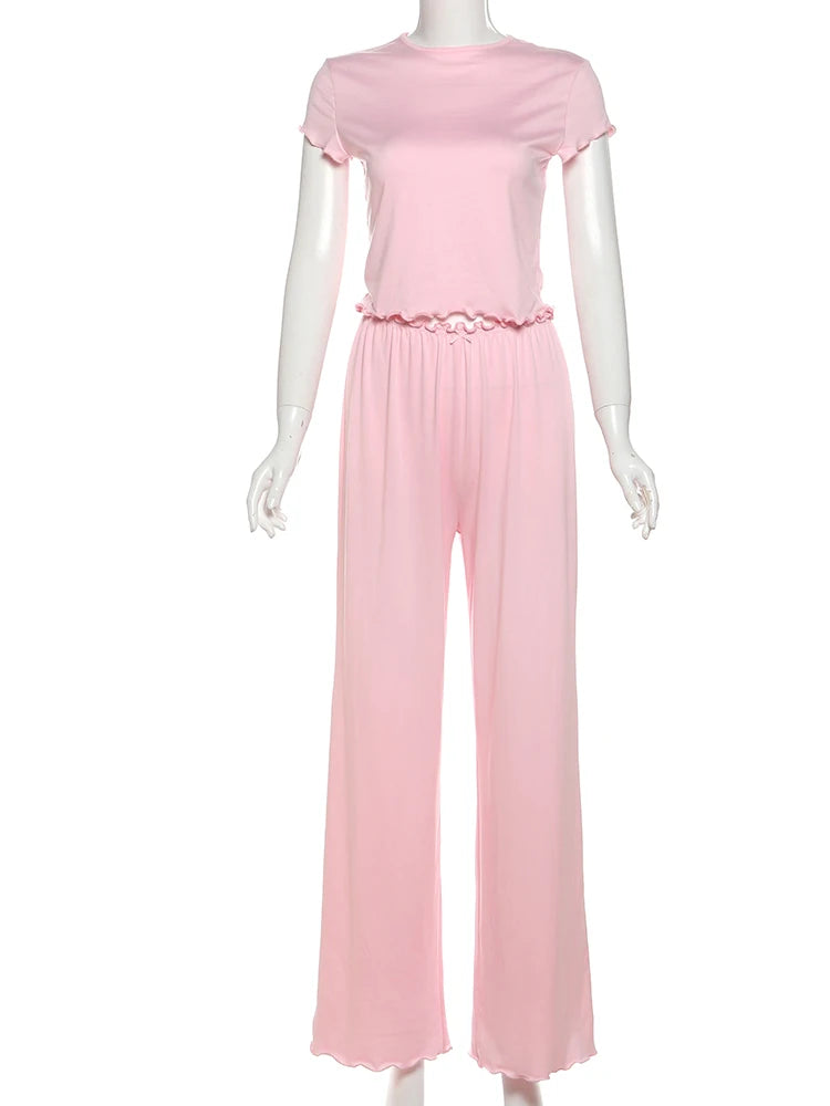 Hnewly  Ruffles 2 Piece Set Women Tracksuit Casual Simple  Summer Crop Tops+Pants Matching Street Solid Soft Stretch Outfits