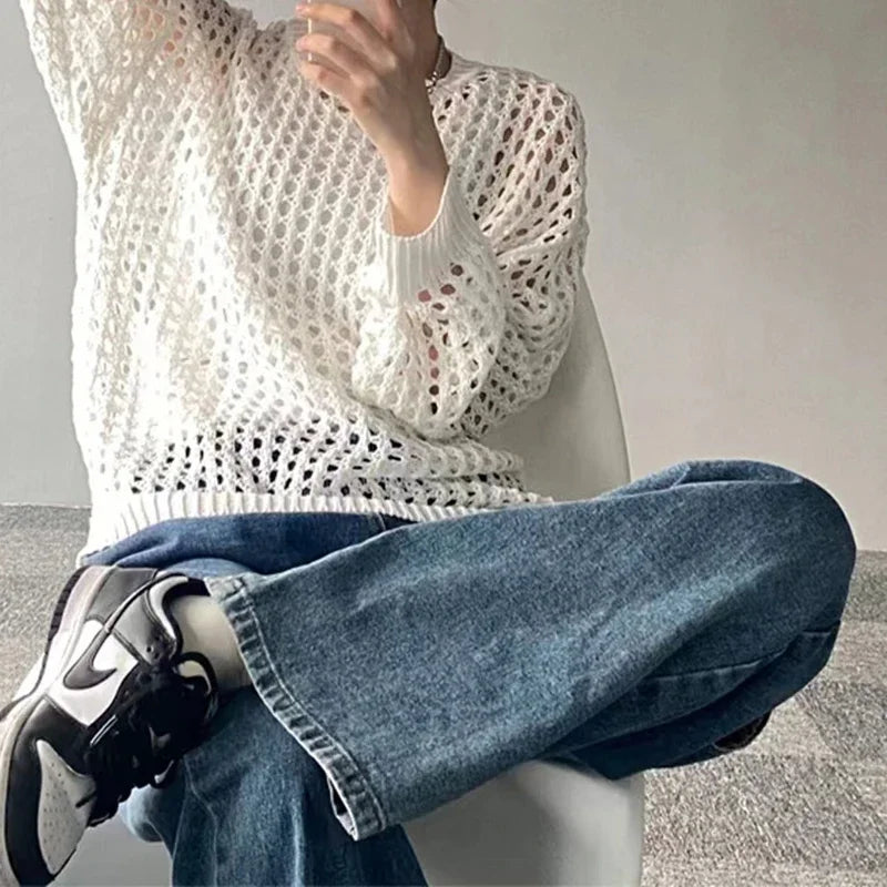 Hnewly  Women Mesh Top Oversized Long Sleeve T-shirts Crew Neck Loose Casual Knit Tees See-Through Openwork Knit Top Women Spring Summer