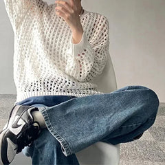 Hnewly  Women Mesh Top Oversized Long Sleeve T-shirts Crew Neck Loose Casual Knit Tees See-Through Openwork Knit Top Women Spring Summer