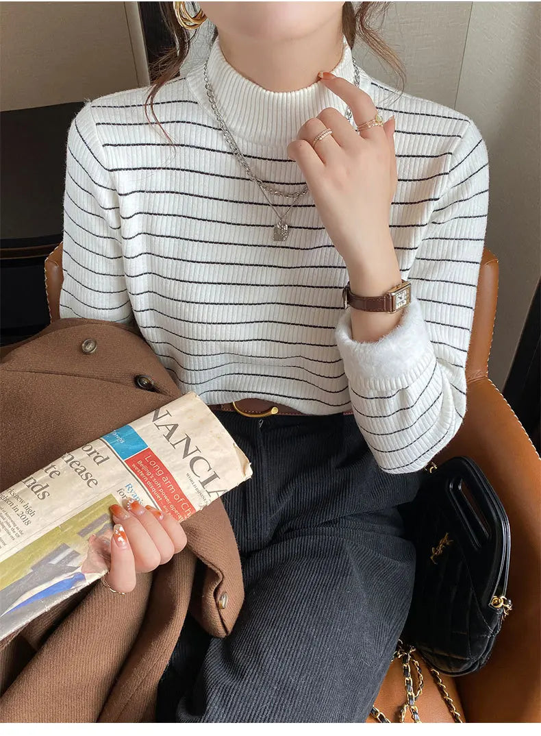 Hnewly  Half High Collar Striped Sweater Velvet Bottoming Shirts for Women's Autumn Winter Thicked Warm Pullover Slim Knitting Top