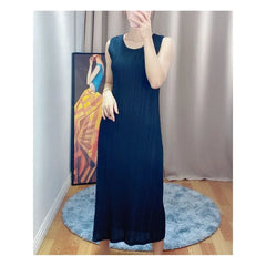 Hnewly  Slim Fit Midi Sleeveless Dress Basic Pleated Style Four Seasons Wearable Thin Polyester Fiber City Commute Women's Dress
