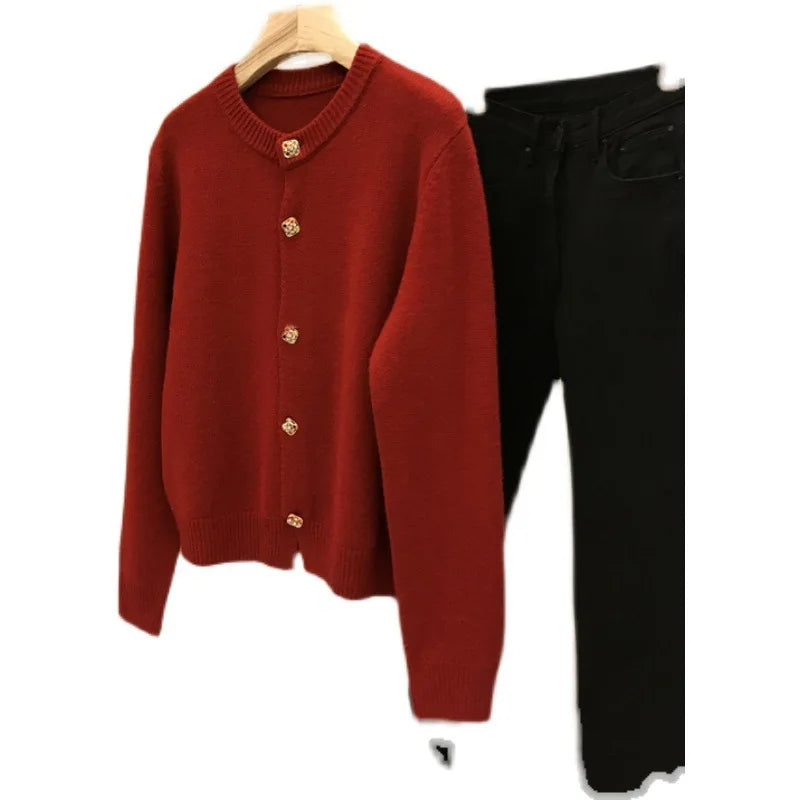 Hnewly  Solid O-Neck Sweater French Elegant Single Breasted Women's Spring Autumn Winter New Fashion All-match Long Sleeve Top Coat