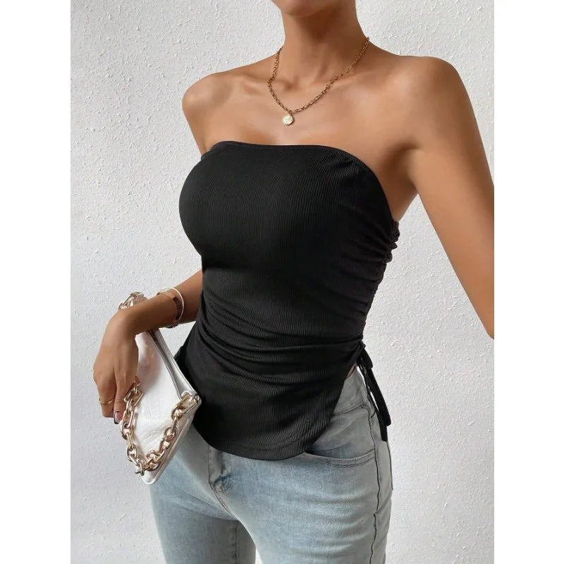 Hnewly Slash Off Shoulder Drawstring Slimm Asymmetrical Solid T Shirt Tank Crop Tops Chic Korean Fashion Summer Women Strapless Vest